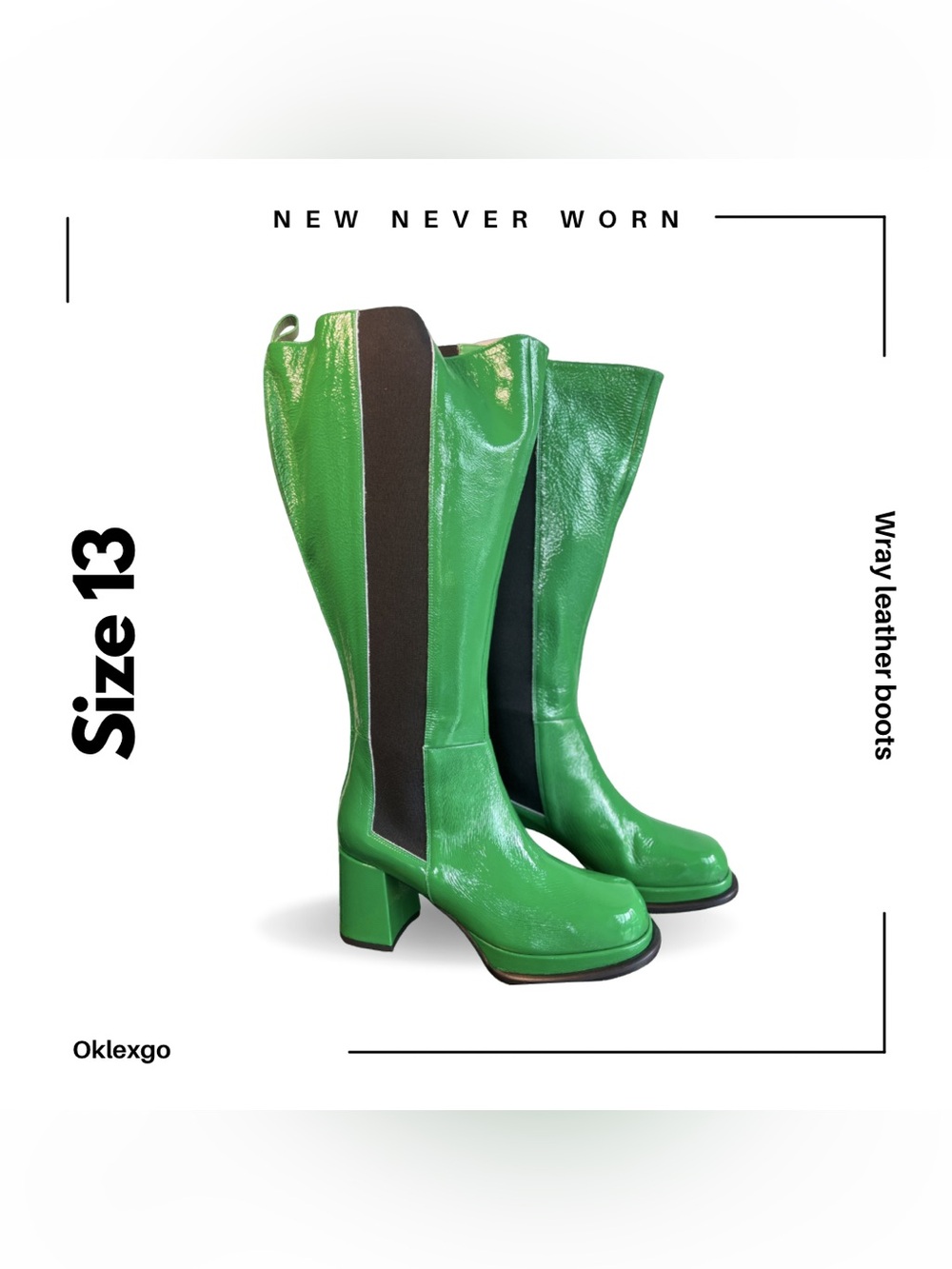 WRAY Kelly Green Patent Leather Knee-High Go-Go Boots — Size 13 — Made in Italy